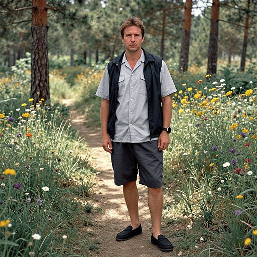 Photograph of a man with short brown hair, white shirt, black vest, and gray shorts, walking on a sunlit forest path surrounded by colorful