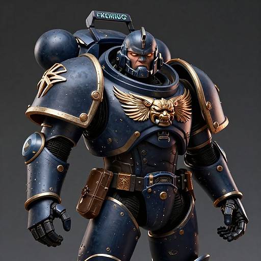CGI image of a muscular, armored warrior in dark blue with gold accents, winged emblem, and 