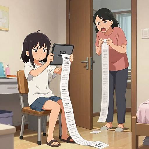 Anime Girl and Upset Mother with Long Receipt