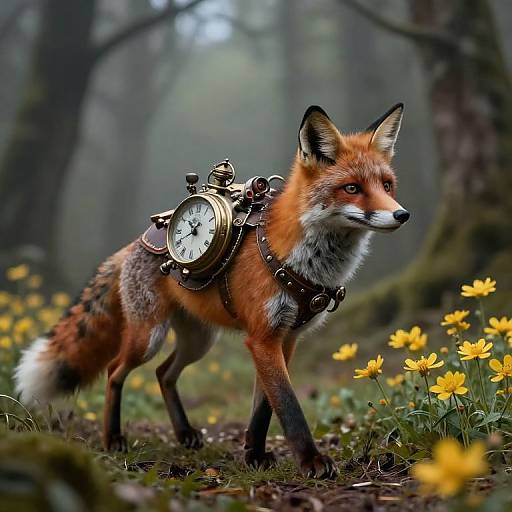 Steampunk Fox in Misty Woodland