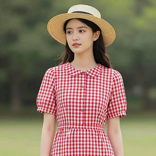 Photograph of an Asian woman with long black hair, wearing a red and white checkered dress and straw hat, standing in a green, blurred outdoor