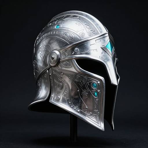 Photograph of an intricately detailed, silver, metallic Mandalorian helmet with blue gem accents, set against a dark black background.
