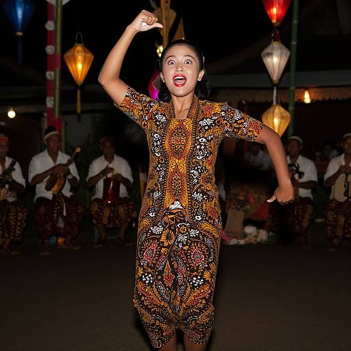 Photograph of a joyful woman with dark hair, wearing a vibrant, patterned jumpsuit, dancing with arms raised in a dimly lit, colorful
