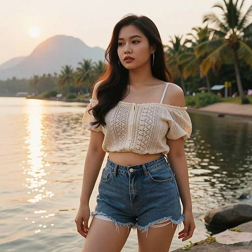 Photograph of an Asian woman with long black hair, wearing a white off-shoulder knit crop top and high-waisted denim shorts, standing