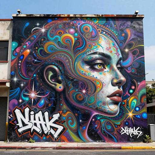 Vibrant, psychedelic graffiti mural of a woman's face with colorful swirls and stars on a city building wall. Bold 