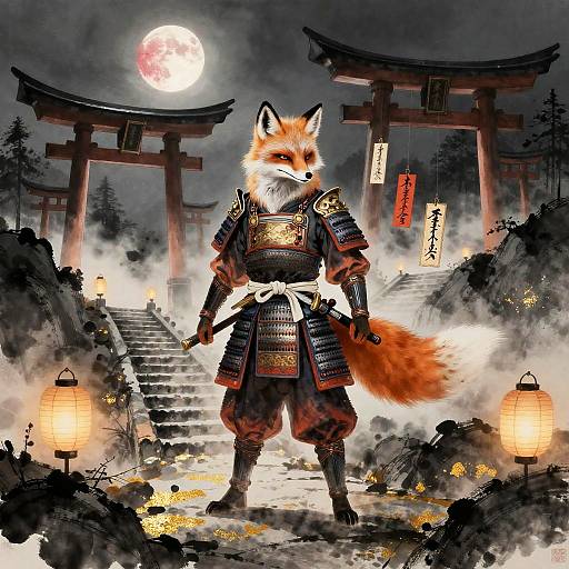 Fox Spirit Samurai in Moonlit Mountain Pass