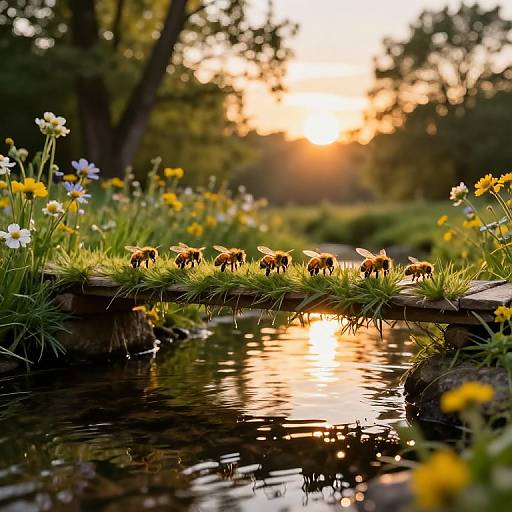 Photograph of a serene sunset over a garden pond, with yellow and white flowers, grassy banks, and several small bees flying. Sunlight reflects