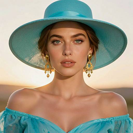 Elegant Woman in Turquoise Hat and Dress