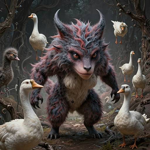 Digital artwork of a fierce, furry, horned creature with glowing eyes, surrounded by white geese in a dark, twisted forest.
