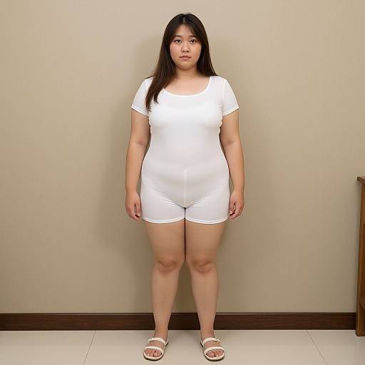 Photograph of a plus-sized Asian woman with long black hair, wearing a white short-sleeve bodysuit and white sandals, standing against a