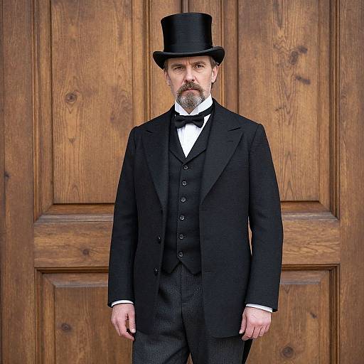 Photograph of a bearded man in Victorian attire: black top hat, black suit, white shirt, black vest, black bow tie, standing against