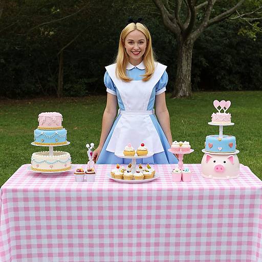 Photograph of a smiling blonde woman in a blue and white Alice in Wonderland-style dress, standing behind a picnic table with five colorful, decorated cakes and