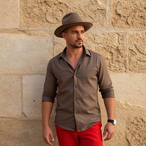 Photograph of a handsome, bearded man in a gray hat, dark button-up shirt, and red pants, standing against a textured stone wall.