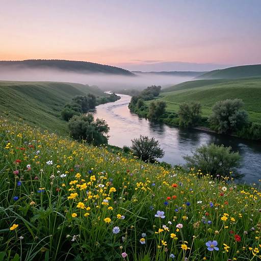 Photograph of a serene valley at sunrise, featuring a winding river, lush green hills, mist, and colorful wildflowers in the foreground.