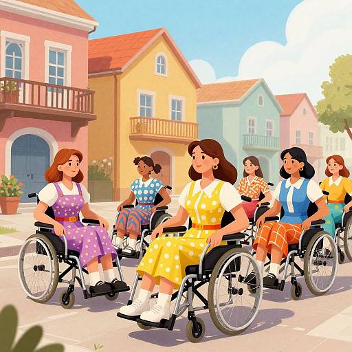 Bright digital illustration of six young girls in colorful dresses riding wheelchairs down a sunny street with pastel-colored houses.