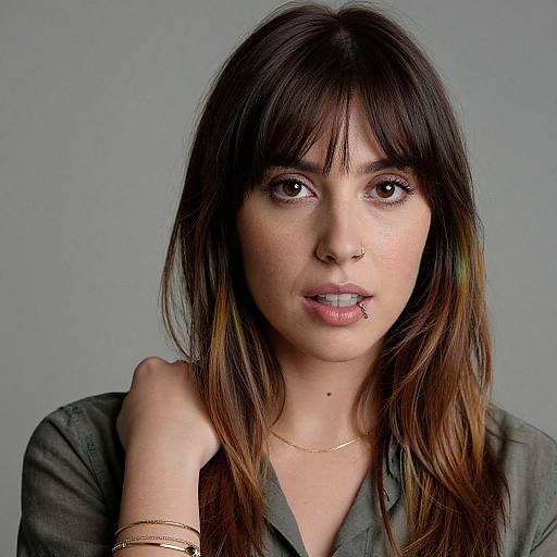 Photograph of a young woman with dark brown, wavy hair, brown eyes, and a nose ring, wearing a gray shirt, gold necklace,