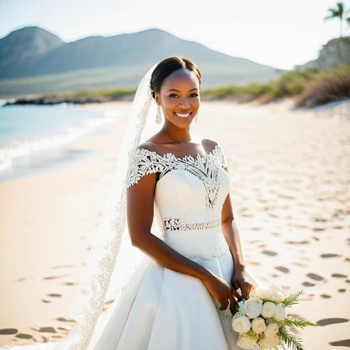 Smiling Bride on Beach in Elegant Wedding Dress