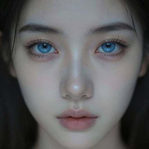 Close-up photograph of a young woman with striking blue eyes, pale skin, and dark brown hair, looking directly at the camera.