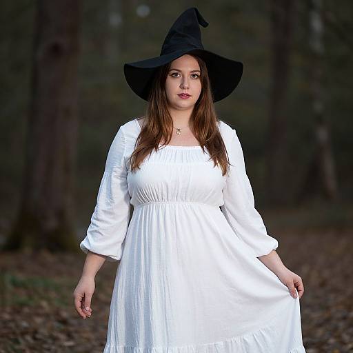Photograph of a young woman with fair skin, brown hair, wearing a black witch hat and a long white dress, standing in a dark, forest