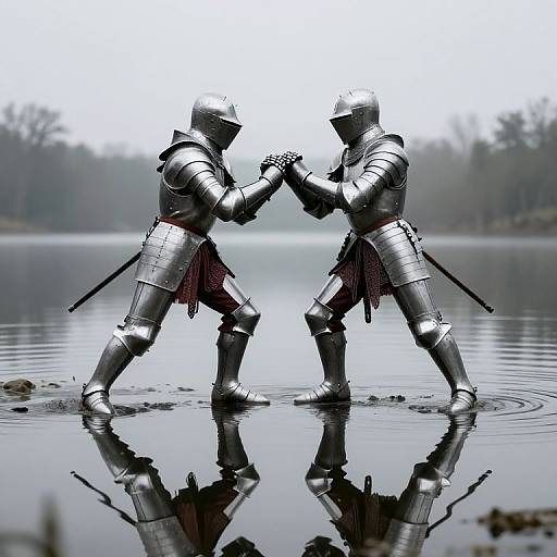 Armored Knights Duel Over Tranquil Lake