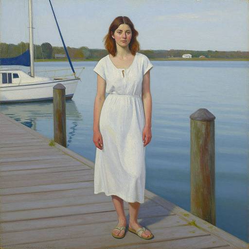 Photorealistic painting of a young woman with fair skin and brown hair, wearing a white dress and sandals, standing on a wooden dock with a calm