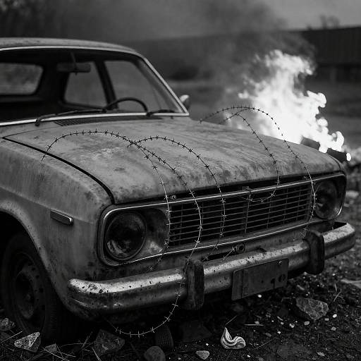 Rusted Abandoned Car with Barbed Wire