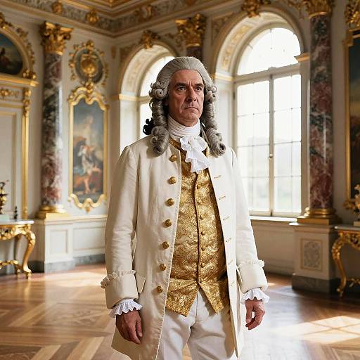Photograph of an older man in 18th-century aristocratic attire, white coat and gold waistcoat, standing in an opulent, sunlit