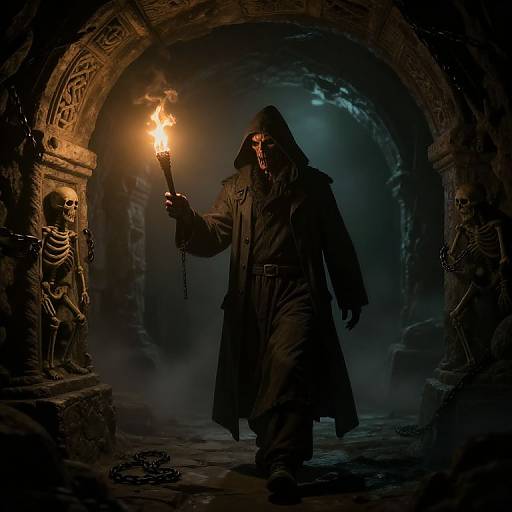 Dark, gothic photograph of a hooded figure with glowing torch, shadowy archway, and skeletal statue, in a misty, dungeon-like