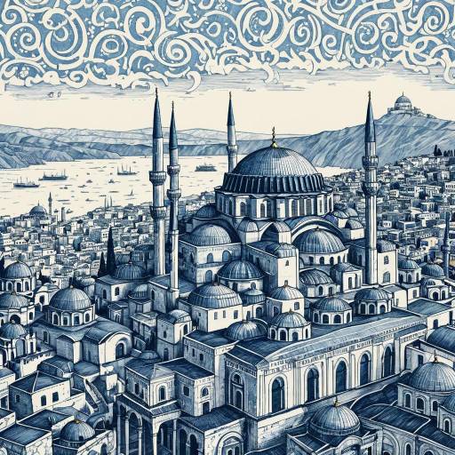 Pen and Ink Sketch of Hagia Sophia and Istanbul Skyline