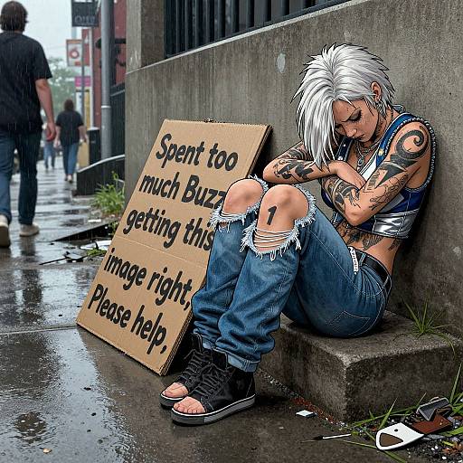 Digital artwork: A white-haired, tattooed woman in ripped jeans and crop top sits on a wet sidewalk, crying beside a 