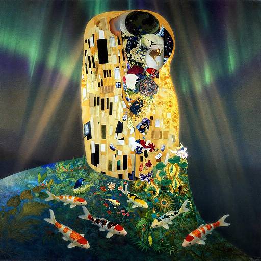 Celestial Koi Pond Beneath Aurora Skies