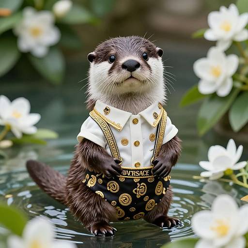 Photograph of an adorable otter standing in water, wearing a white shirt and black suspenders with gold patterns, surrounded by white flowers.