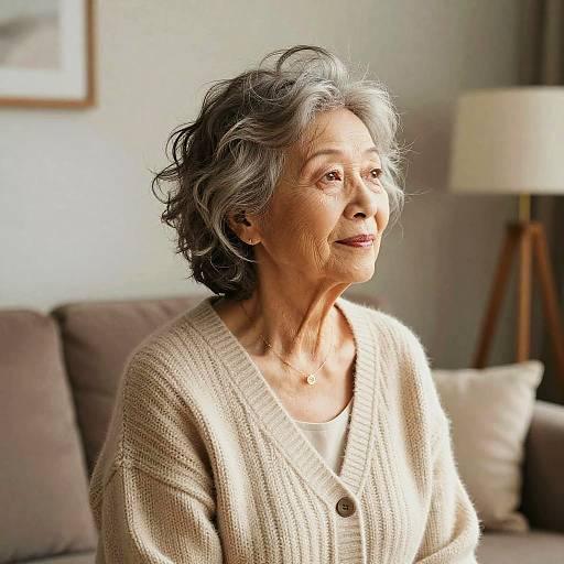 Photograph of an elderly woman with short, wavy gray hair, wearing a beige cardigan over a white top, sitting on a brown couch,