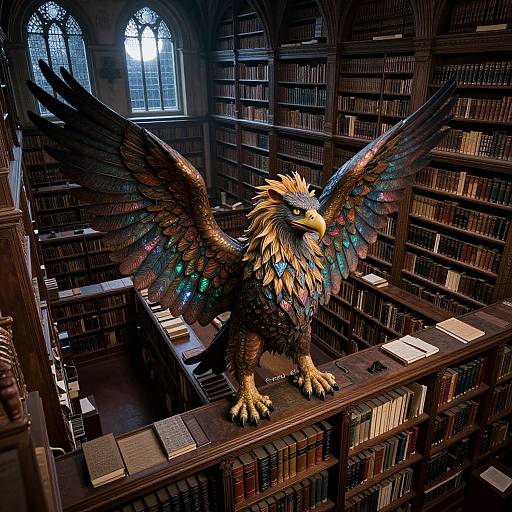 Photorealistic digital art: A majestic griffon with multicolored feathers and large wings stands on a bookshelf in a dimly lit,