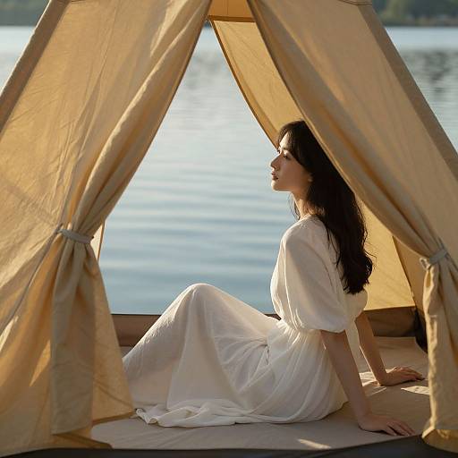 Photograph of a woman with long dark hair, wearing a white dress, sitting inside a beige tent by a sunlit lake.