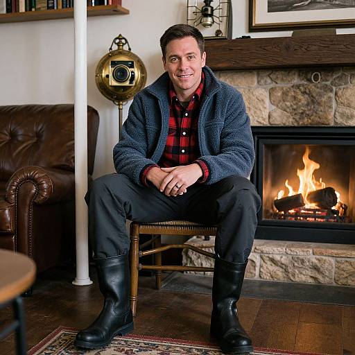 Photograph of a smiling man with short dark hair, wearing a blue fleece jacket, red plaid shirt, black pants, and boots, sitting on
