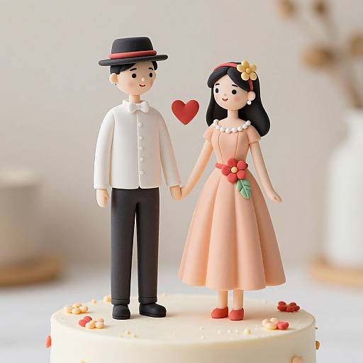 Photograph of a cute, detailed cake topper featuring a black-hatted man in white shirt and black pants, and a black-haired woman in a