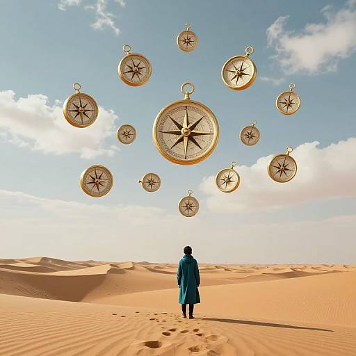 Photograph of a person in a blue coat standing in a desert, facing a sky filled with floating compasses.