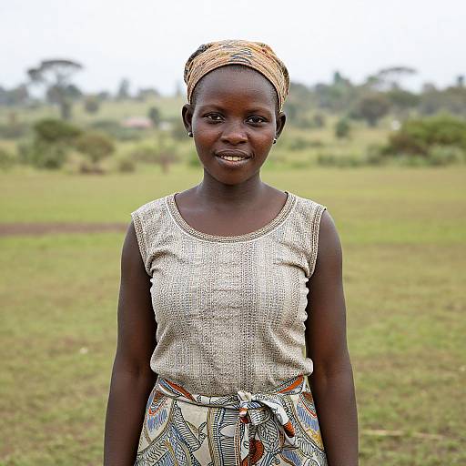 Photograph of a smiling African woman with dark skin, wearing a beige headscarf, sleeveless textured blouse, and patterned skirt, standing in