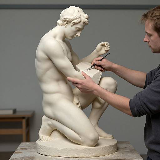 Photograph of a white marble statue of a nude, muscular male kneeling being meticulously carved by a focused male sculptor in a studio.