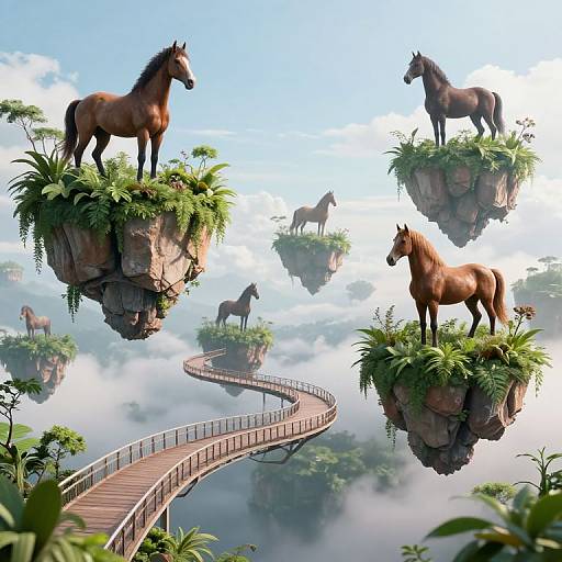 Fantastical digital artwork of floating islands with brown horses, lush greenery, and a winding wooden bridge amidst misty clouds.