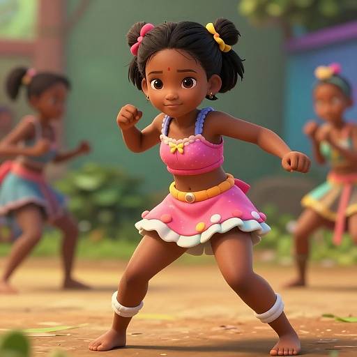CGI image of a young girl with dark skin and black hair in pigtails, wearing a pink dress with white trim, fighting stance, surrounded