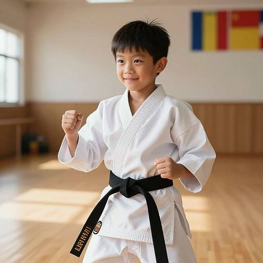Confident Young Karate Boy in Dojo