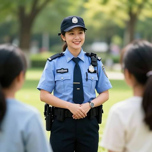 Photograph of a smiling Asian female police officer in light blue uniform and black cap, standing in a sunlit park, with two blurred figures in the