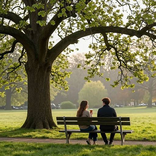Photograph of a couple sitting on a bench under a large, leafy tree in a sunlit park, holding drinks, facing away.