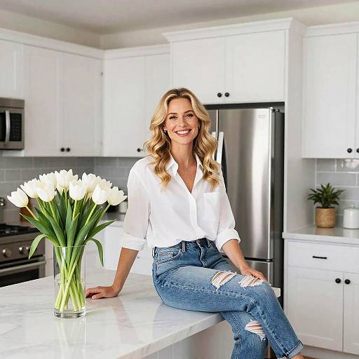 Photograph of a smiling blonde woman with wavy hair, wearing a white blouse and ripped blue jeans, sitting on a white kitchen counter with a vase
