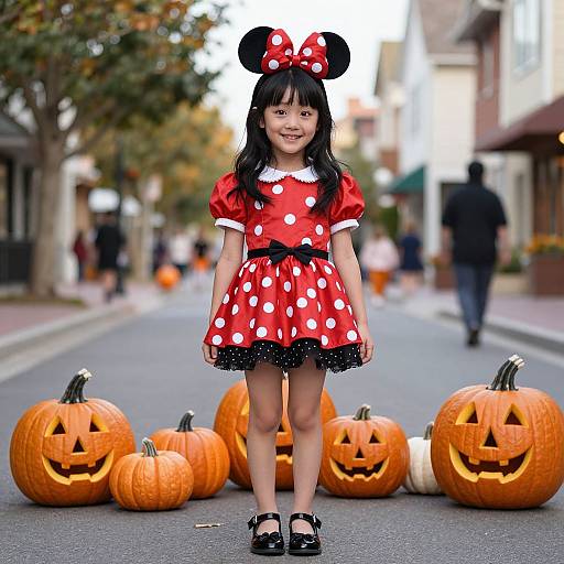 Photograph of an Asian girl in a red Minnie Mouse dress with white polka dots, black bow, and black bow-tie shoes, standing