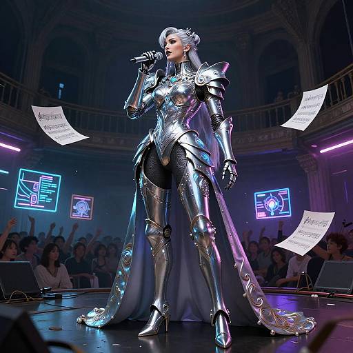 Silver-Haired Android Opera Singer in Cyberpunk Concert Hall
