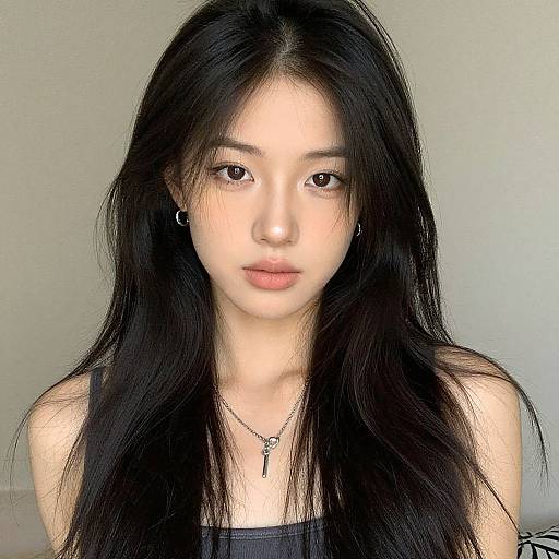 Photograph of an East Asian woman with long black hair, fair skin, wearing a black tank top and small hoop earrings, against a plain gray background