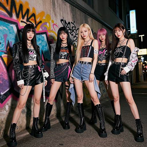 Photograph of five young women with punk-style outfits, black leather jackets, shorts, and boots, standing against a graffiti-covered urban wall at night.